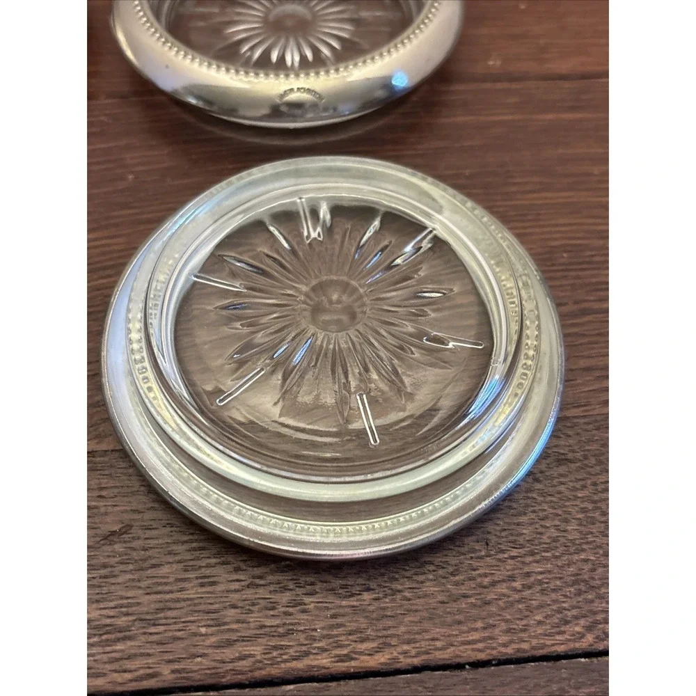 Set of‎ 4 Vtg W&S Blackington Silverplate Rimmed Over Glass Starburst Coasters